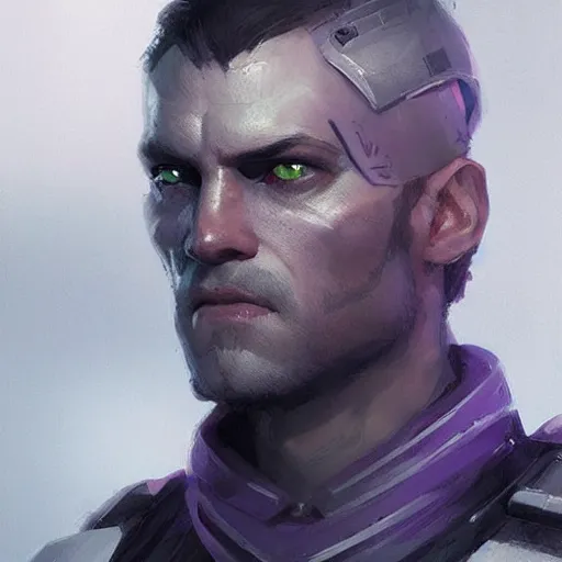 Image similar to concept art of a portrait by greg rutkowski, a soldier of the galactic dominion wearing gray and purple tactical gear, star wars expanded universe, smooth, sharp focus, artstation hq.