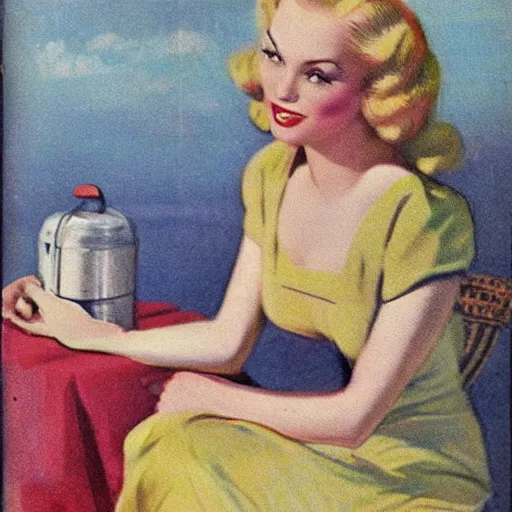 Image similar to “stunning, highly detailed portrait, very detailed, couple, tin can, blonde, color vintage magazine illustration 1950”