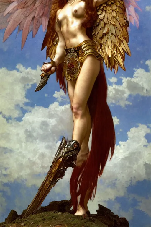 Image similar to full - body matte portrait of a red haired angelic valkyrie with huge silver wings in a heroic pose, wearing thick bronze plate armor at the top of a mountain, holding a spear made of lightning, art by albert bierstadt, alphonse mucha, andreas rocha, greg rutkowski, sharp edges. ultra clear detailed. 8 k. elegant. octane render