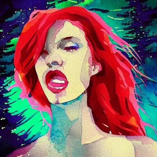 Prompt: “album cover very beautiful watercolor painting of redhead girl singing in a magic forest in a cyberpunk pixelsorting style”