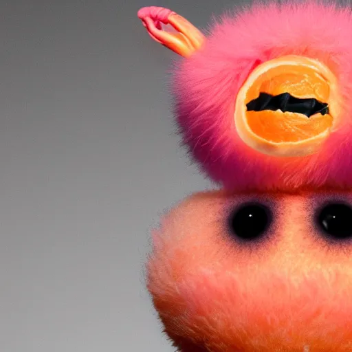 Image similar to an alien with a face that looks like a fuzzy peach the peach is fuzzy pink warm and ripe the alien has horns and a mean smile, 4k, highly detailed, high quality, amazing, high particle effects, glowing, majestic, soft lighting