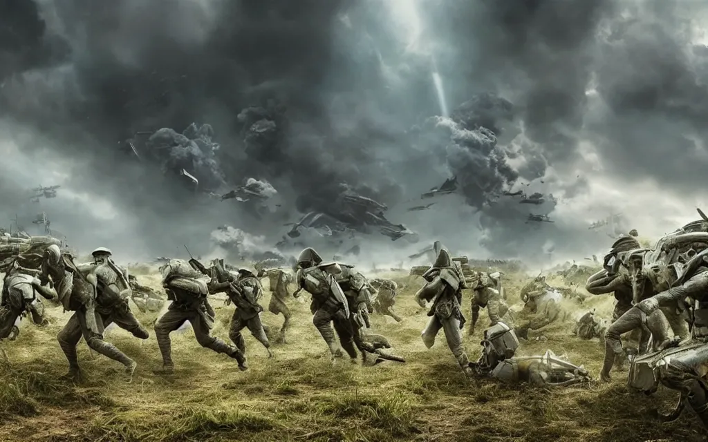 Image similar to fight ww 1 aginst aliens from edge of tomorrow, deep trenches with fortifications, natural landscape, green and blue tones, realistic people, huge ground explosions in the background, alien mothership in the sky, hyper realistic, highly detailed, dramatic lighting, raytarced, god rays, 4 k, 8 k, art by artgem