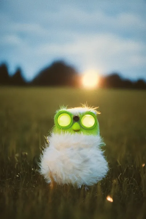 Image similar to agfa vista 4 0 0 photograph of a furby in a field, lens flare, moody lighting, moody vibe, telephoto, 9 0 s vibe, blurry background, grain, tranquil, calm, faded!,