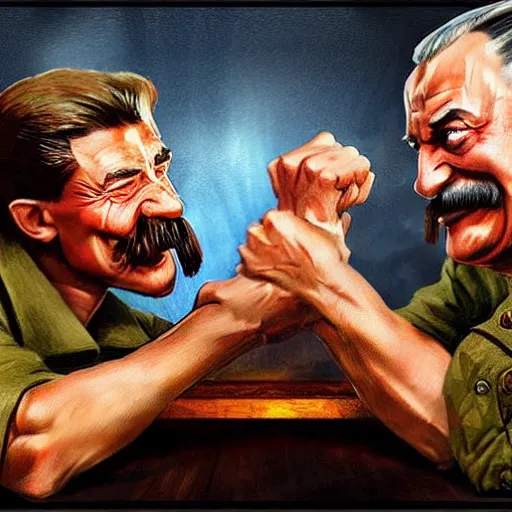 Image similar to picture of ( ( arm wrestling between young vladimit putin and old iosif stalin ) ) in apocalyptic russia, hyperrealistic, digital concept art,, caricature illustration, art by gaston bussiere