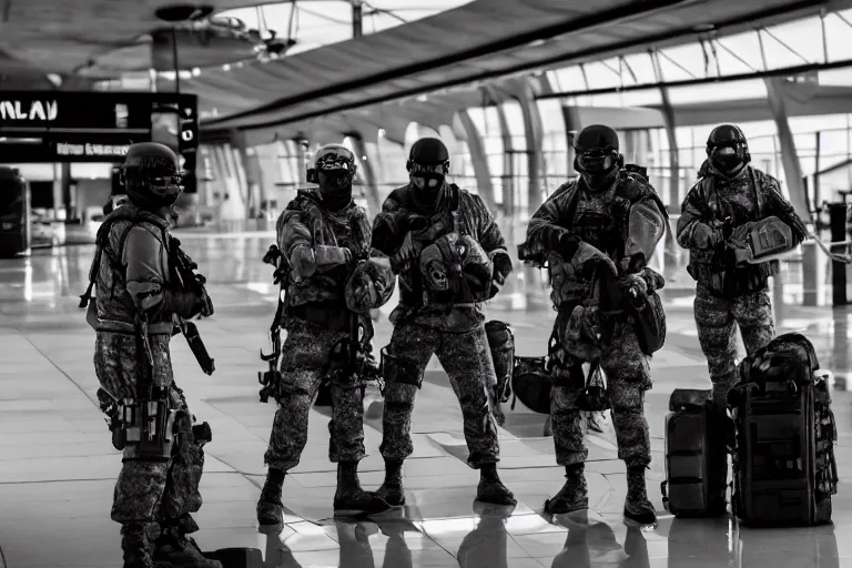 Image similar to Mercenary Special Forces soldiers in grey uniforms with black armored vest and black helmets fighting inside an airport in 2022, Canon EOS R3, f/1.4, ISO 200, 1/160s, 8K, RAW, unedited, symmetrical balance, in-frame, combat photography