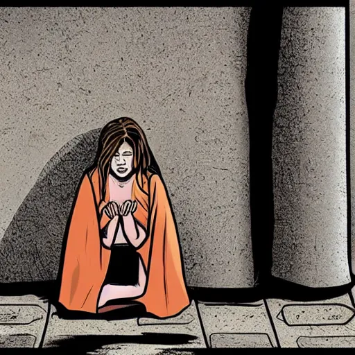 Image similar to a woman on her knees hiding behind a wall in fear, comic book style,