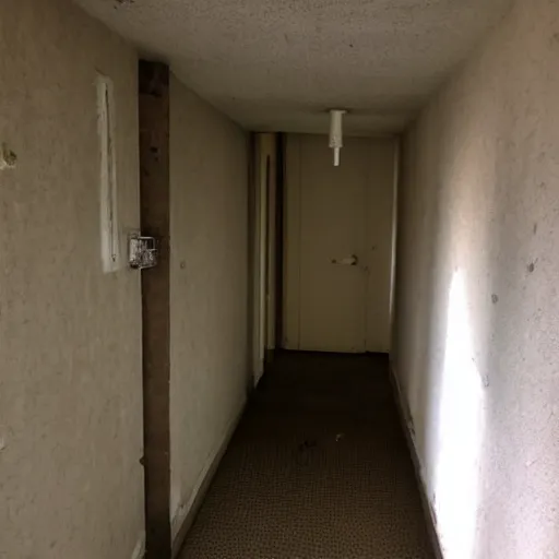 Image similar to dingy hallway in an apartment building, dirty, poorly lit