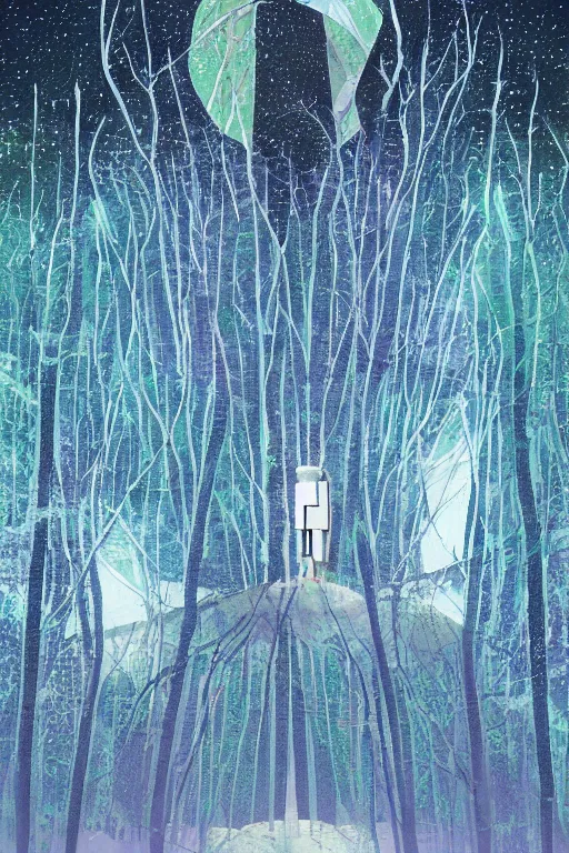 Prompt: A geometric glossy white robot stands in the middle of a forest in the centre of the frame. softly glowing blue trees at night. The sky above has many stars and a beautiful blue aurora. Comet in the middle of the sky. Cyril Roland naomi okubo. Trending on artstation. Digital painting.