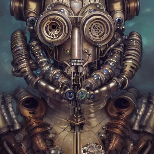 Prompt: portrait painting of a steampunk cyborg alien, transhumanism, ultra realistic, concept art, studio ghibli, intricate details, eerie highly detailed