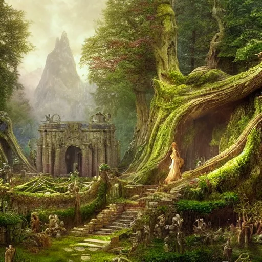 Image similar to a beautiful and highly detailed matte painting of a elven temple in a magical fantasy garden in a lush forest, elk, deer, intricate details, epic scale, insanely complex, 8 k, sharp focus, hyperrealism, very realistic, by caspar friedrich, albert bierstadt, james gurney, brian froud,