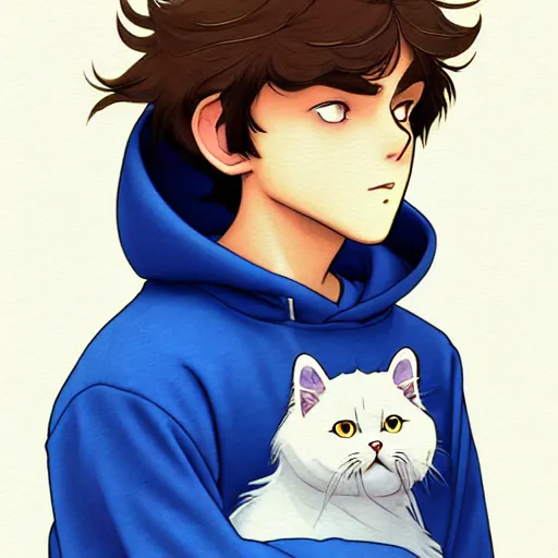 Image similar to teen boy with brown hair and big blue eyes, wearing a hoodie, fluffy white persian cat, natural lighting, path traced, highly detailed, high quality, cartoon, digital painting, by don bluth and ross tran and studio ghibli and alphonse mucha, watercolor