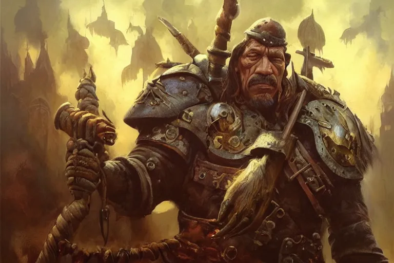 Image similar to A beautiful oil painting of Danny Trejo in Warhammer Vermintide, by Lucas Graciano, Frank Frazetta, Greg Rutkowski, Boris Vallejo, epic fantasy character art, warhammer fantasy, Exquisite detail, post-processing, low angle, masterpiece, cinematic