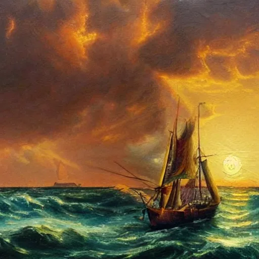 Prompt: ship in the sea, boat, sails, history, wood, oil painting, waves, romanticism, clouds, sunset, colorful