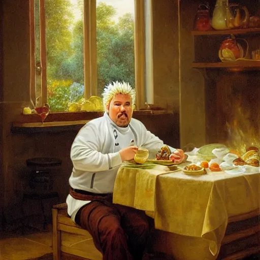 Image similar to Guy Fieri in a modern restaurant kitchen, painting by Pierre Auguste Cot, dramatic lighting, at night