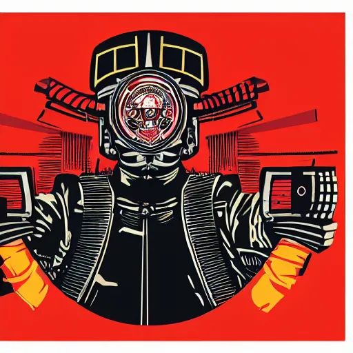 Image similar to Illustrated by Shepard Fairey and H.R. Geiger | Cyberpunk Samurai with VR helmet, surrounded by cables