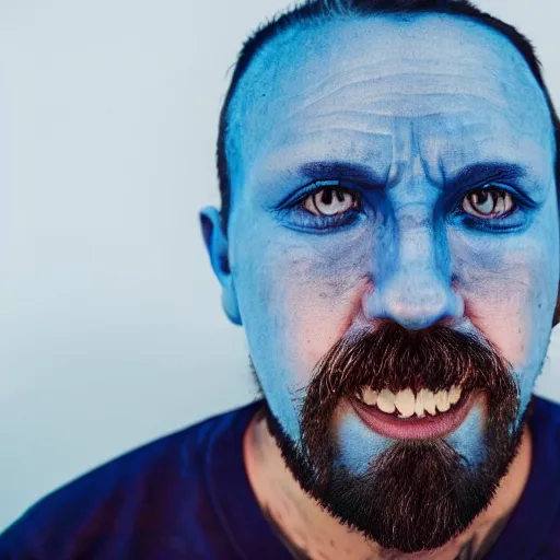 Image similar to fish eye lens close up photograph of a man with blue skin and a goatee side eyeing the camera with a sympathetic look