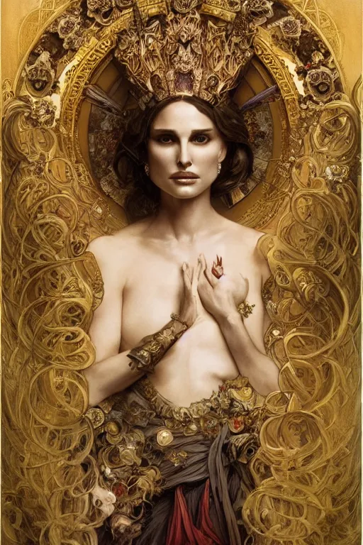 Image similar to natalie portman as queen of the undead, painted by nekro, alphonse mucha, dark - fantasy, intricate detail, artstation, cgsociety, rococo, gold leaf art