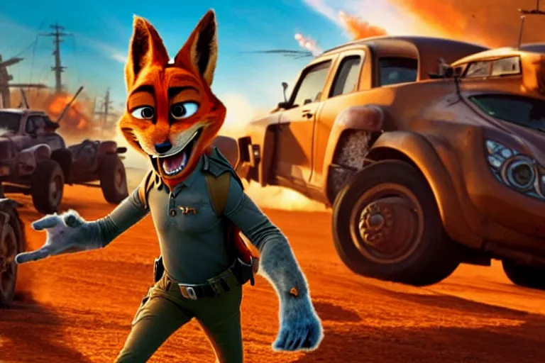 Image similar to nick wilde ( from zootopia ), heavily armed and armored facing down armageddon in a dark and gritty reboot from the makers of mad max : fury road