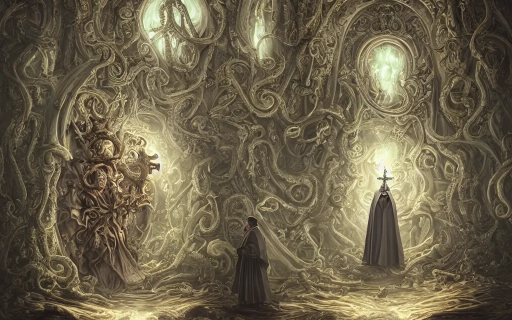 Image similar to pope priest in front of a cthulhu within a viscosity fluid lovecraft portal, intricate architecture, baroque detailed, shiny colors, high - key lighting, beautiful composition, intricate, elegant, pro photography by, highly detailed, art by artgerm and peter mohrbacher, subsurface scattering, ray tracing, vivid colors, octane render