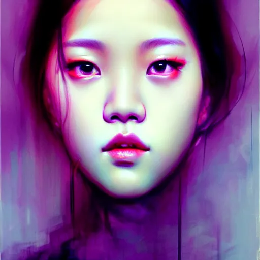 Image similar to jisoo of blackpink, hyperrealistic portrait, bladerunner street, by karol bak and agnes cecile, fantasy art, photo realistic, dynamic lighting, artstation, poster, volumetric lighting, very detailed face, 8 k, award winning