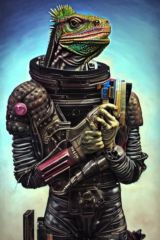 Image similar to a portrait of a muscular anthropomorphic cyberpunk iguana! in leather spacesuit armor with a large head by sandra chevrier, by jon foster, detailed render, pistol in holster, tape deck, epic composition, cybernetics, 4 k realistic, cryengine, realistic shaded lighting, sharp focus, masterpiece, by enki bilal