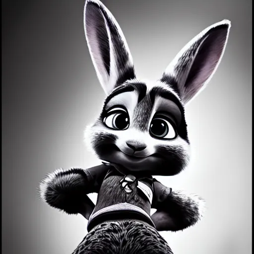 Prompt: Gritty black and white mugshot of Judy Hopps from Zootopia