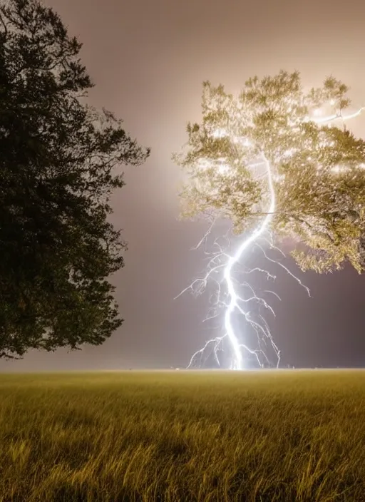 Image similar to a 2 8 mm macro photo of lightning striking the top of a tree in a field, long exposure, misty, night, splash art, movie still, bokeh, canon 5 0 mm, cinematic lighting, dramatic, film, photography, golden hour, depth of field, award - winning, anamorphic lens flare, 8 k, hyper detailed, 3 5 mm film grain