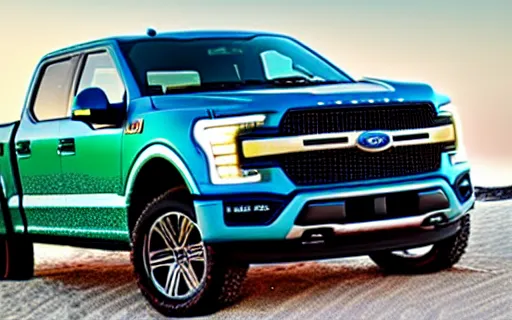 Image similar to Ford F150 Hydro Blue 2022 Truck on a Green Sand Beach at sunset