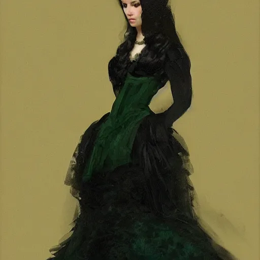 Image similar to a beautiful young woman, pale skin, black long hair, aristocrat, black expensive dress from 1 8 6 0 with green details, oil painting, digital art, studio photo, realistic, artstation, high quality, wild west