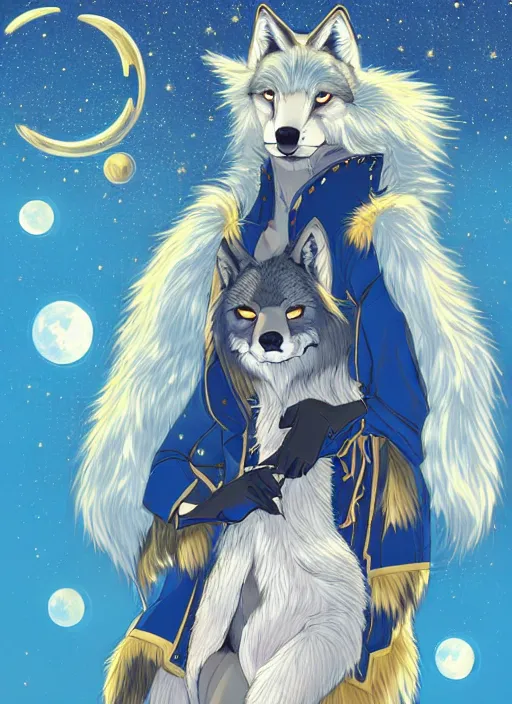 Image similar to commissioned full body portrait of a female anthro wolf princess fursona with a furry wolf head and white hair wearing a blue and gold Japanese armored dress in a white and gold palace on a starry night with a large crescent moon, by a professional manga illustrator, by Kilian Eng, by Sandra Chevrier, trending on artstation