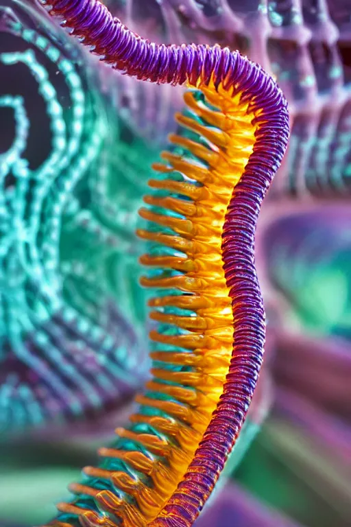 Image similar to high quality close-up photo translucent biomechanic centipede! gorgeous highly detailed hannah yata elson peter cinematic yellow and purple lighting high quality low angle hd 8k sharp shallow depth of field