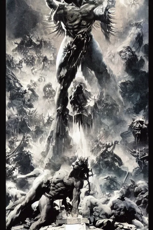 Prompt: Artwork by Frank Frazetta of the cinematic view of the Cenotaph of Ever-changing Blasphemy.