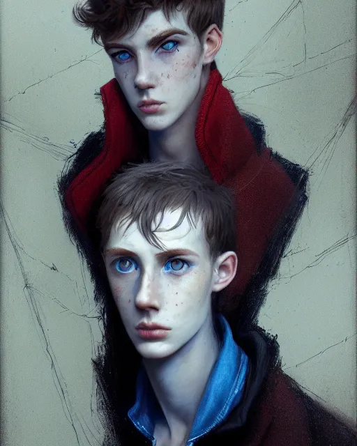 Image similar to portrait of tall, thin, 1 5 - year - old boy with a long nose, a lot of freckles, fiery red hair, and bright blue eyes, hyper realistic face, beautiful eyes, fantasy art, in the style of greg rutkowski, intricate, hyper detailed, smooth