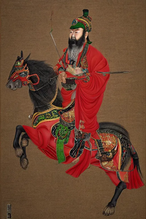 Prompt: A hyper realistic full body portrait of majestic guan yu stands in front of the red horse, defined features, by gu kaizhi, wu daozi, 8k, HD, gigapixel, portrait art, symmetrical composition, realistic proportions, ink and colored pigments on silk, sharpness applied, hyperrealism