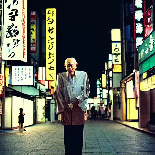 Image similar to old man in tokyo at night, wearing gold chain, gold rings, cinestill 8 0 0,