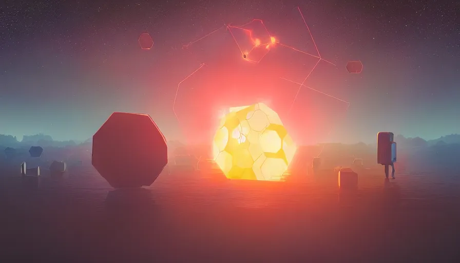 Prompt: hexagon floating in space, blocking sun, earth in foreground, simon stalenhag