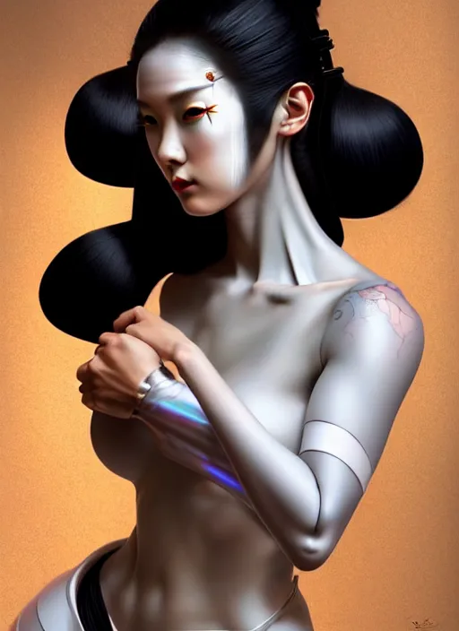 Image similar to organic seductive Geisha cyborg, pearlescent skin, diffuse lighting, fantasy, intricate, elegant, highly detailed, lifelike, photorealistic, digital painting, artstation, illustration, concept art, different full body view, smooth, sharp focus, art by John Collier and Albert Aublet and Leonardo da vinci and Krenz Cushart and Artem Demura and Alphonse Mucha