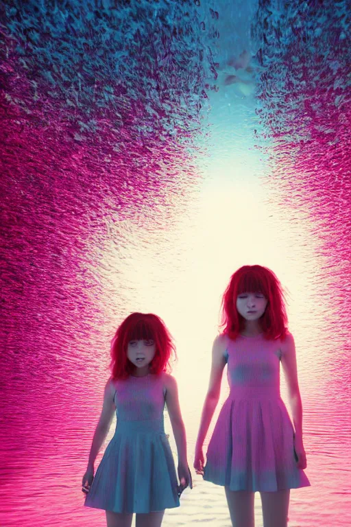 Image similar to 3d realistic dramatic infrared photo of two schoolgirls sisters with a realistic face and curly hair standing and hugging in a dark subway station under water in Japan. Close-up portrait. There are pink palm trees and translucent glow jellyfish flying around. Volumetric composition. Pastel colors in the style of Hiro Kiyohara, redshift, octane, trend artstation, cinematic, hyper realism, high detail, 8k