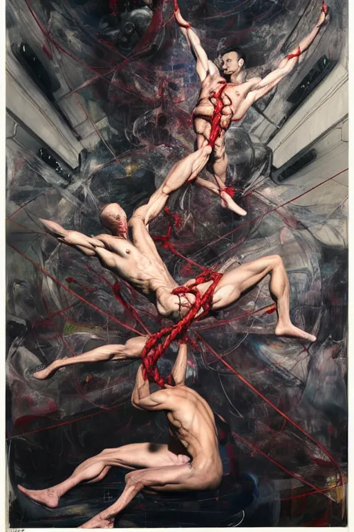 Prompt: muscular men entwined together, floating in space, inside a brutalist space ship, gothic, rich deep colours, painted by francis bacon, adrian ghenie, james jean and petra cortright, part by gerhard richter, part by jenny saville, part by takato yamamoto. 8 k 3 d epic