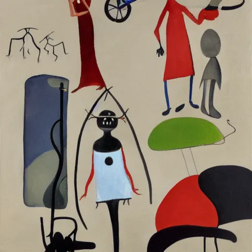 Image similar to an acryllic painting of a group of strange people, on a pale background, muted palette mostly white, black, gray, dark red, dark blue, figure riding penny farthing, woman in long dresses with parasol, astronaut, objects and shapes are scattered around the composition, minimalistic, mixed media, in the styles of both joan miro and mark rothko