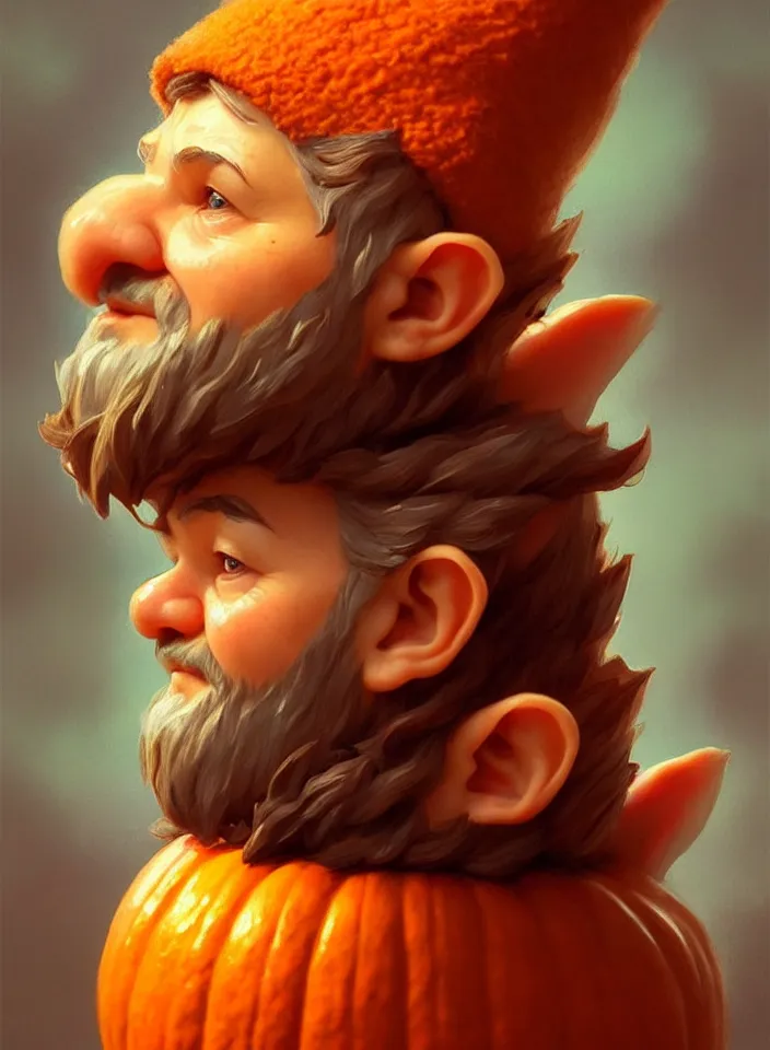 Image similar to hand drawn cute one gnomes face in autumn and pumpkin, detailed closeup face, concept art, low angle, high detail, warm lighting, volumetric, godrays, vivid, beautiful, trending on artstation, art by artgerm and greg rutkowski and alphonse mucha