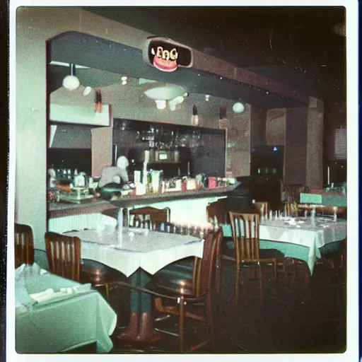 Prompt: 1980s polaroid of a restaurant with a creepy smiling animatronic in the corner, blurry, hazy