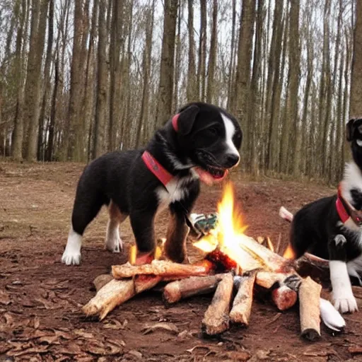 Prompt: puppies building a campfire