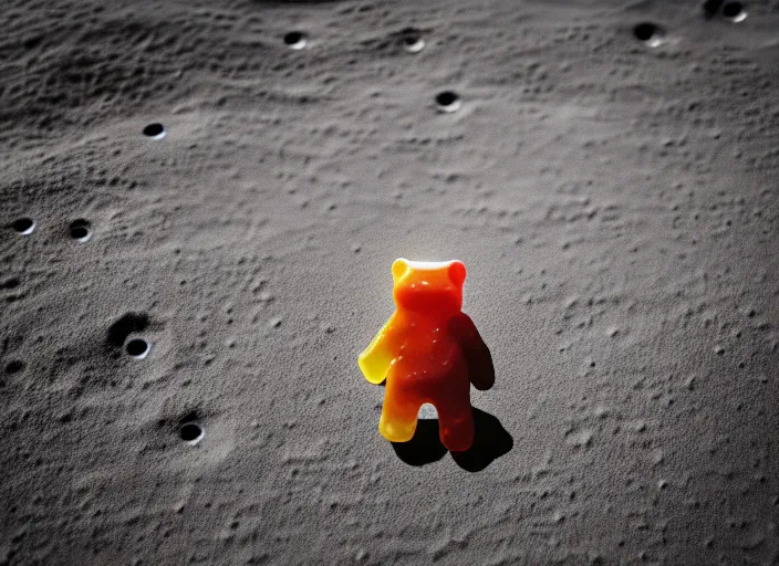 Image similar to a gummy bear walking on the moon staring back at a tiny earth, photorealistic, over the shoulder perspective, we can see earth far out in the distance