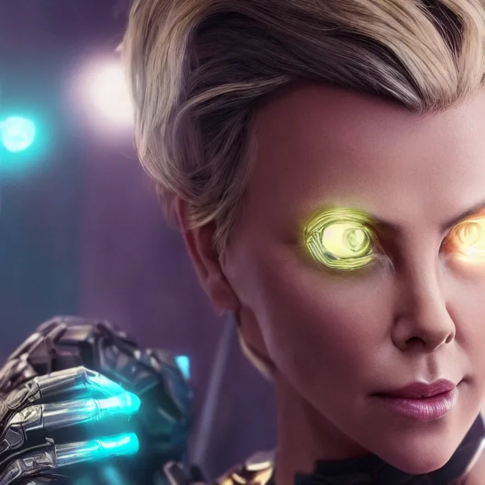 Image similar to portrait of (Charlize Theron), wearing The Infinity Gauntlet. (((infinity stones))) intricate artwork. octane render, trending on artstation, very coherent symmetrical artwork. avengers. thanos. cinematic, hyper realism, high detail, octane render, 8k, iridescent accents