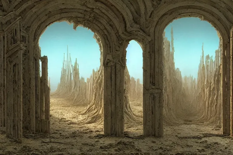 Prompt: intricate, 3 d, endless wastes vast desert abandoned buildings, style by caspar david friedrich and wayne barlowe and ted nasmith