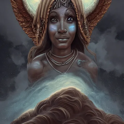 Image similar to a colossal goddess is watching us from above, creative, brown skin, giant, digital art, city, town, highly detailed, photo manipulation, up there, dark clouds, dark gray hair, digital painting, on fire, artstation