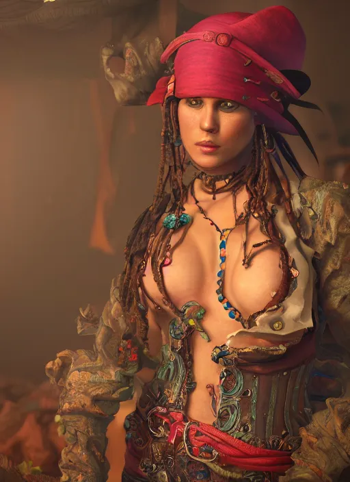 Image similar to detailed full body oil painting of a woman pirate in intricately colored clothing, octane render, sss, postprocessing, 4k, cinematic lighting, unreal engine, insanely detailed and intricate