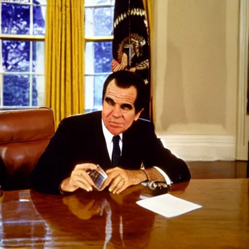 Image similar to Richard Nixon drinking out of a bottle of whiskey in the oval office, photo