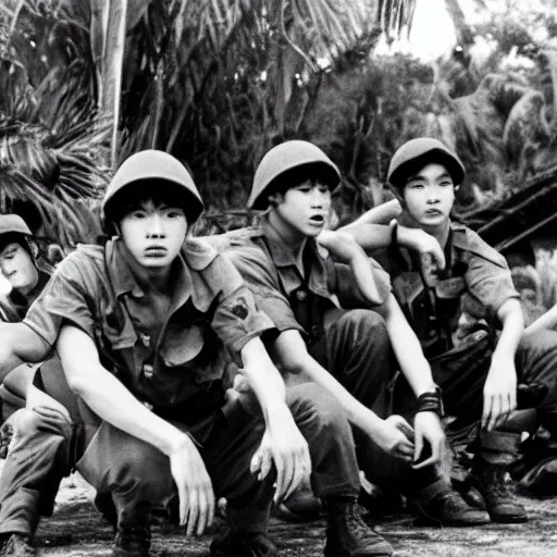 Image similar to BTS boyband fighting in the Vietnam war, historical photo, vintage photo, 1965